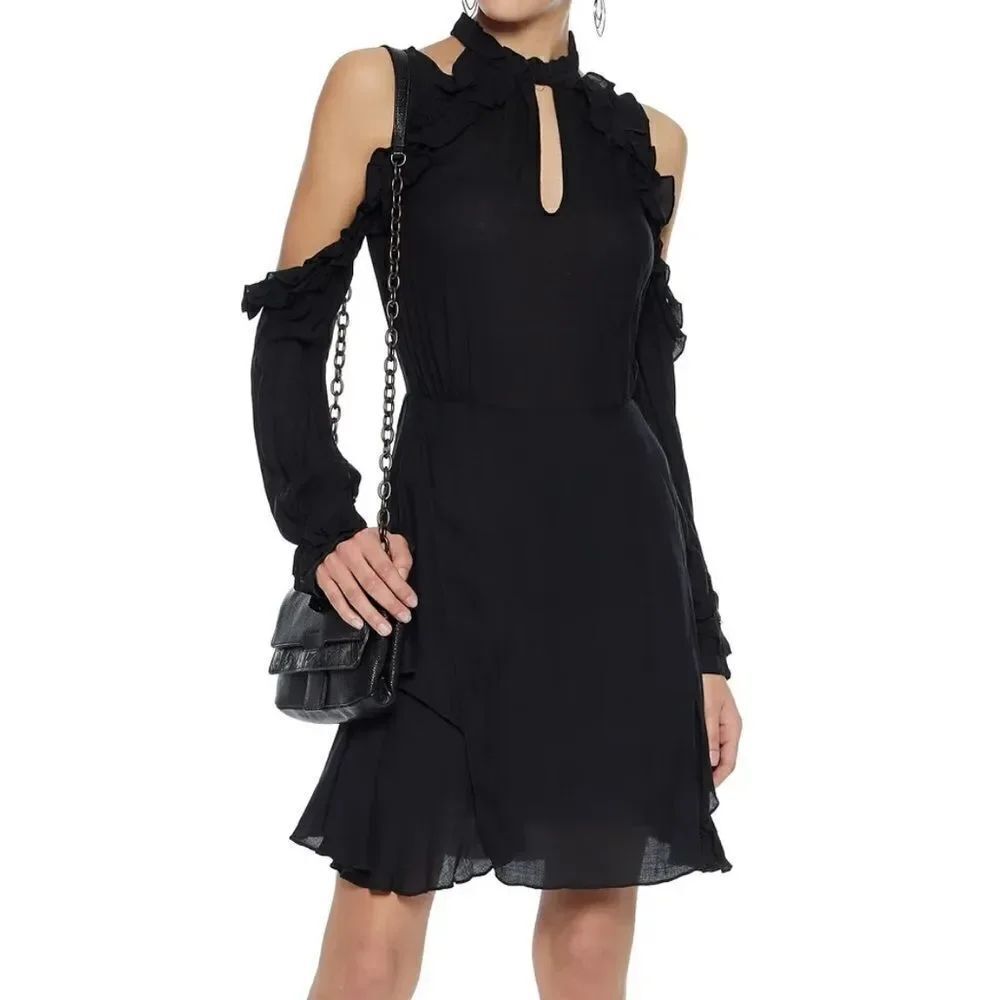 IRO Hanie cold-shoulder ruffled gauze mini dress Black FR 42 / US 10 MSRP $360